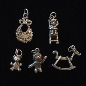 5 Vintage Child themed solid Sterling silver charms toy bear bib horse highchair